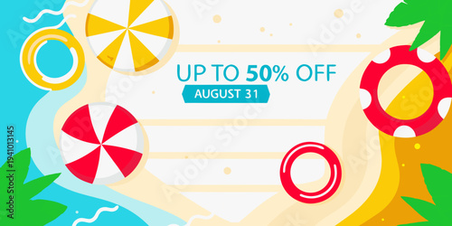Summer sale advertisement featuring beach accessories and a discount offer