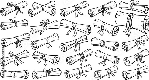 Foto Hand-drawn collection of vintage scrolls and diplomas with various ribbons and seals, a detailed outline sketch set perfect for education, achievement, or ancient document themes