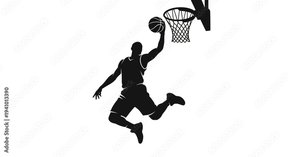 Obraz premium Basketball player dunking ball into hoop silhouette