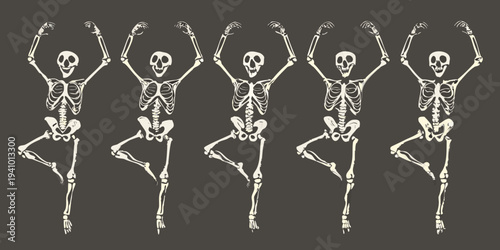 Five skeletons performing a synchronized dance pose against a dark background