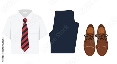 A set of school uniform clothing featuring a white shirt with a striped tie and dark trousers alongside brown shoes is displayed on a surface.