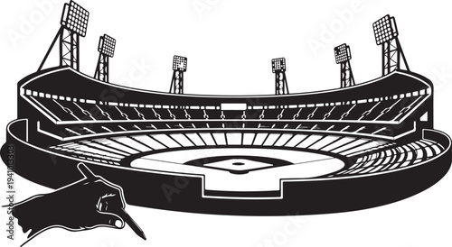 Black and white illustration of a baseball stadium venue