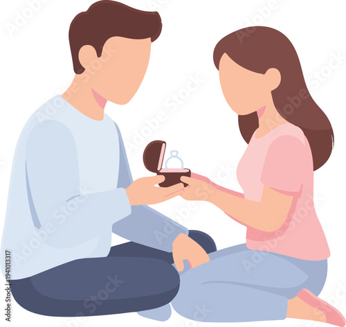 Marriage Proposal Concept – Man Giving Ring to Woman Vector Illustration