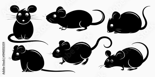 Collection of black silhouette mice in various poses and perspectives