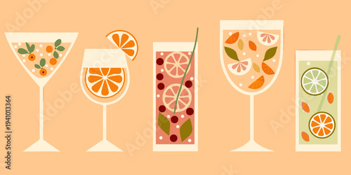 Stylized illustration of colorful cocktails with various fruit garnishes
