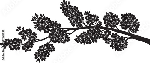 Black and white illustration of a blooming tree branch