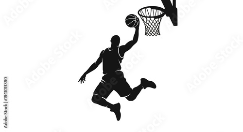 Basketball player dunking ball into hoop silhouette