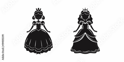 Two elegant princess silhouettes in a minimalist black and white design