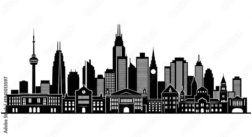 Fototapeta premium Modern city skyline with sleek skyscrapers and historic buildings