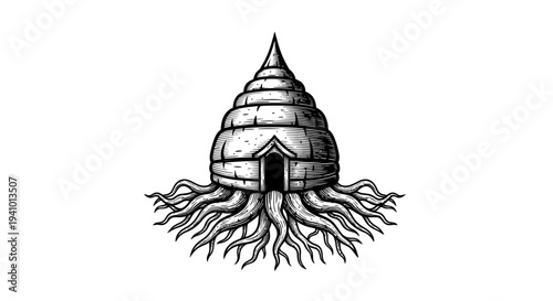 Mystical beehive with roots hand drawn illustration.