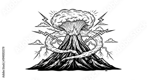 Powerful Volcanic Eruption with Lightning and Smoke Illustration.