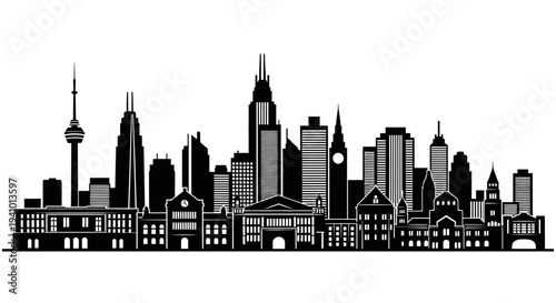 Modern city skyline with sleek skyscrapers and historic buildings