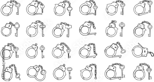 Black and White Handcuffs and Keys Line Art Set - Various Outline Sketches of Law Enforcement Security Objects