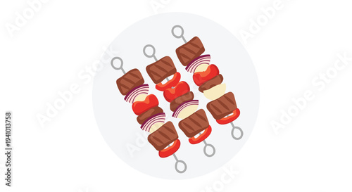 Three grilled meat and vegetable skewers are served on a round gray plate against a clean white background for a minimalist food presentation.