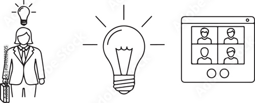 Businesswoman with Idea Lightbulb and Video Conference Meeting Icons Isolated on white background