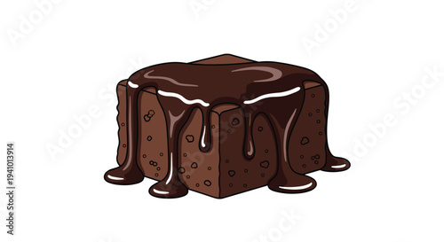 A single square chocolate brownie with thick dark chocolate sauce dripping down its sides is isolated on a white background.