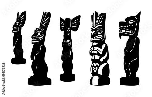 Maori Tiki statue set with solid black silhouette design featuring cultural heritage, indigenous art, traditional sculpture with spiritual motifs and tribal symbolism