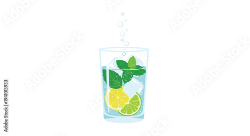 A tall glass containing a clear carbonated drink with ice cubes lemon lime slices and mint leaves is shown on white.