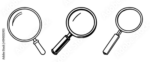 Magnifying glass set with minimalist line art featuring vintage detective symbol, investigation tool, optical instrument with heavy lines and isolated on white