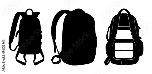 Smart backpack set with solid black silhouette and solar panels and integrated straps featuring high‑tech, nomadic tech lifestyle, white background with silhouette and straps