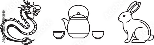 Dragon Teapot and Rabbit Icons Representing East Asian Mythology and Culture Isolated on white background