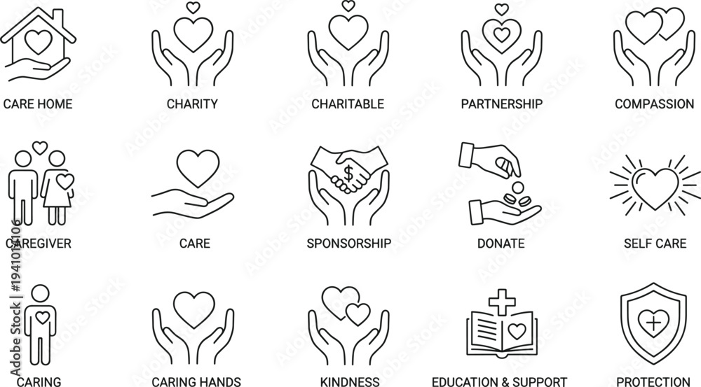 Εκτύπωση καμβά Charity care line icons set, compassion donation caregiver support partnership k
