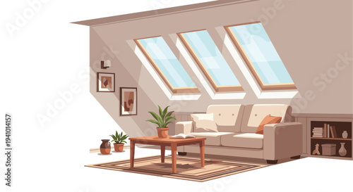 A side view of a cozy attic living room featuring three skylights a beige sofa and a wooden coffee table on a rug.