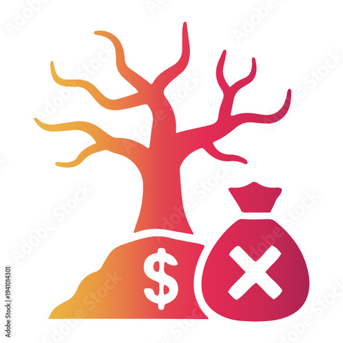 Financial hardship and environmental decline a dead tree symbolizing economic ruin and a money bag with a cross representing financial loss