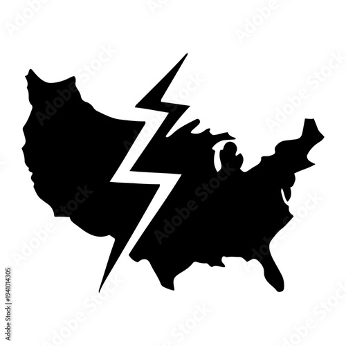 Symbolic representation of a crack splitting the United States of America in half, illustrating division and conflict