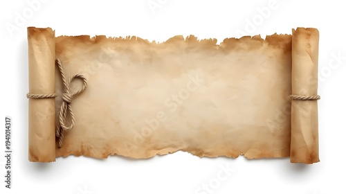 Image features a vintage-style The scroll is unrolled partially, revealing a blank, aged surface with a light brown hue and slightly darker edges, suggesting wear and age.