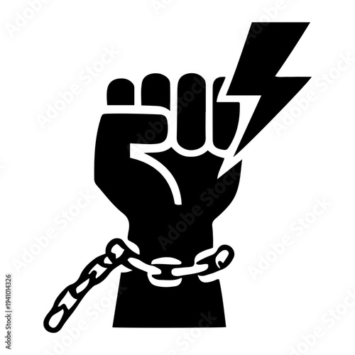 Symbol of revolution and power a clenched fist breaking chains with a lightning bolt representing energy and change