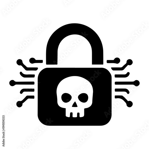 Cybersecurity padlock with skull and circuit board elements, representing digital security and hacking risks