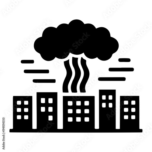 A black and white illustration of a city skyline engulfed by a mushroom cloud, symbolizing a nuclear explosion or a major disaster