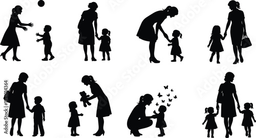 Mother and children silhouettes collection, parenting family love care moments with kids playing walking hugging vector illustration set