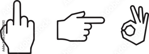 Hand Gestures Icons: Middle Finger Pointing Finger OK Sign. Communication Symbols. Isolated on white background