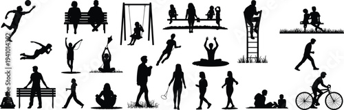people, silhouette, park, activity, icons, outdoor, lifestyle, recreation, children, family, playing, cycling, swing, running, fitness, yoga, vector, collection, leisure, nature