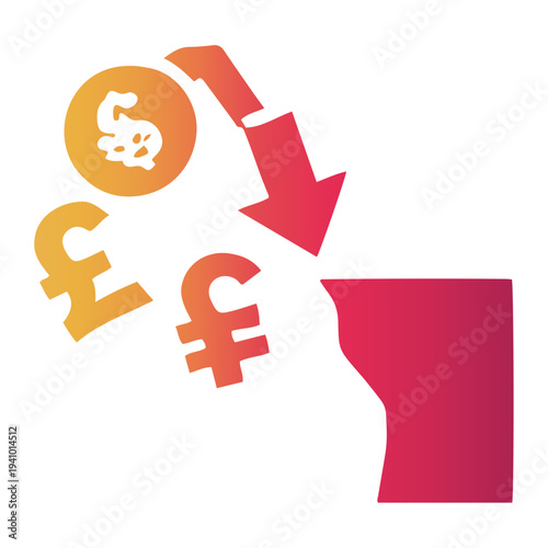 Financial decline depicted by currency symbols falling into a pit or hole with a downward arrow indicating loss