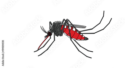 A side view vector illustration of a mosquito with a red and white striped abdomen standing on a white background.