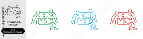 teamwork puzzle pieces line icon people working together business collaboration concept editable stroke