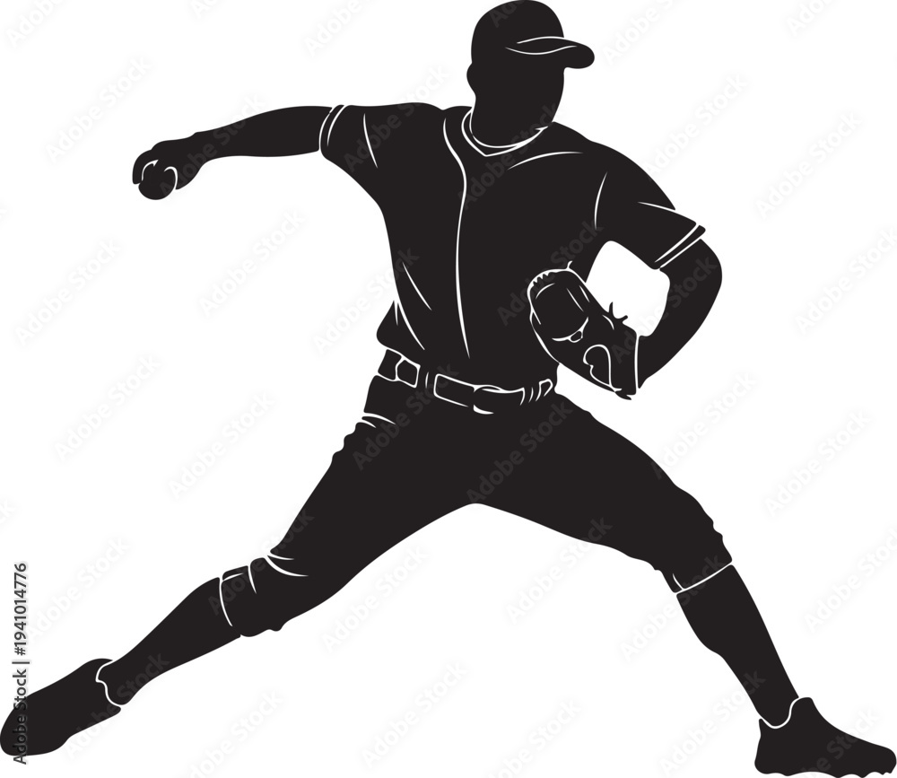 Naklejka premium Baseball player pitching in dynamic motion silhouette style