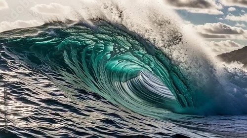 A massive ocean wave crashes powerfully on a sunny day with clouds in the background.