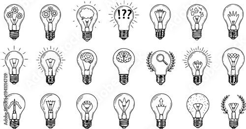 Creative Light Bulb Icons Representing Ideas, Innovation, and Brainstorming Concepts