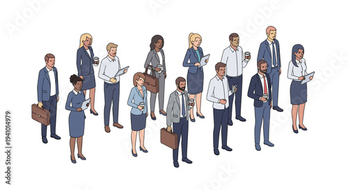 An isometric illustration of a diverse group of business professionals in suits standing on a white background.