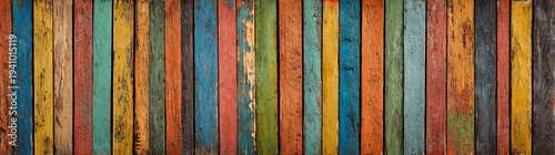 Colorful wooden fence background with weathered texture and rustic paint in vertical planks creating vibrant and aged look
