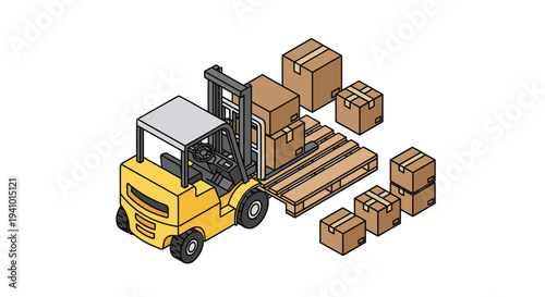A yellow forklift lifts a wooden pallet stacked with cardboard boxes while other packages sit on the floor.