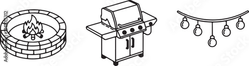 Outdoor Entertainment Icons: String Lights Grill and Fire Pit Isolated on white background