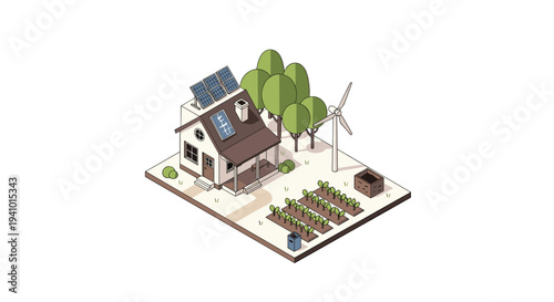 A sustainable house features solar panels on the roof and a wind turbine in the yard next to a vegetable garden.
