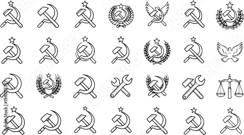 Collection of Hammer and Sickle Icons with Star, Wreath, Wing, Wrench, and Justice Scales. Communist and Socialist Symbols for Worker and Revolution Concepts.