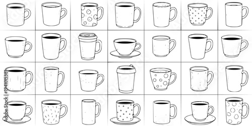 Hand-drawn Outline Coffee and Tea Cups and Mugs Collection. A Variety of Sketch Doodle Drinkware Illustrations for Cafe, Kitchen, and Beverage Design.