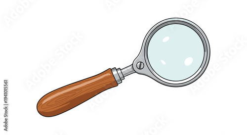 A single vintage style magnifying glass with a polished wooden handle and silver metal frame lies diagonally on a solid white background.